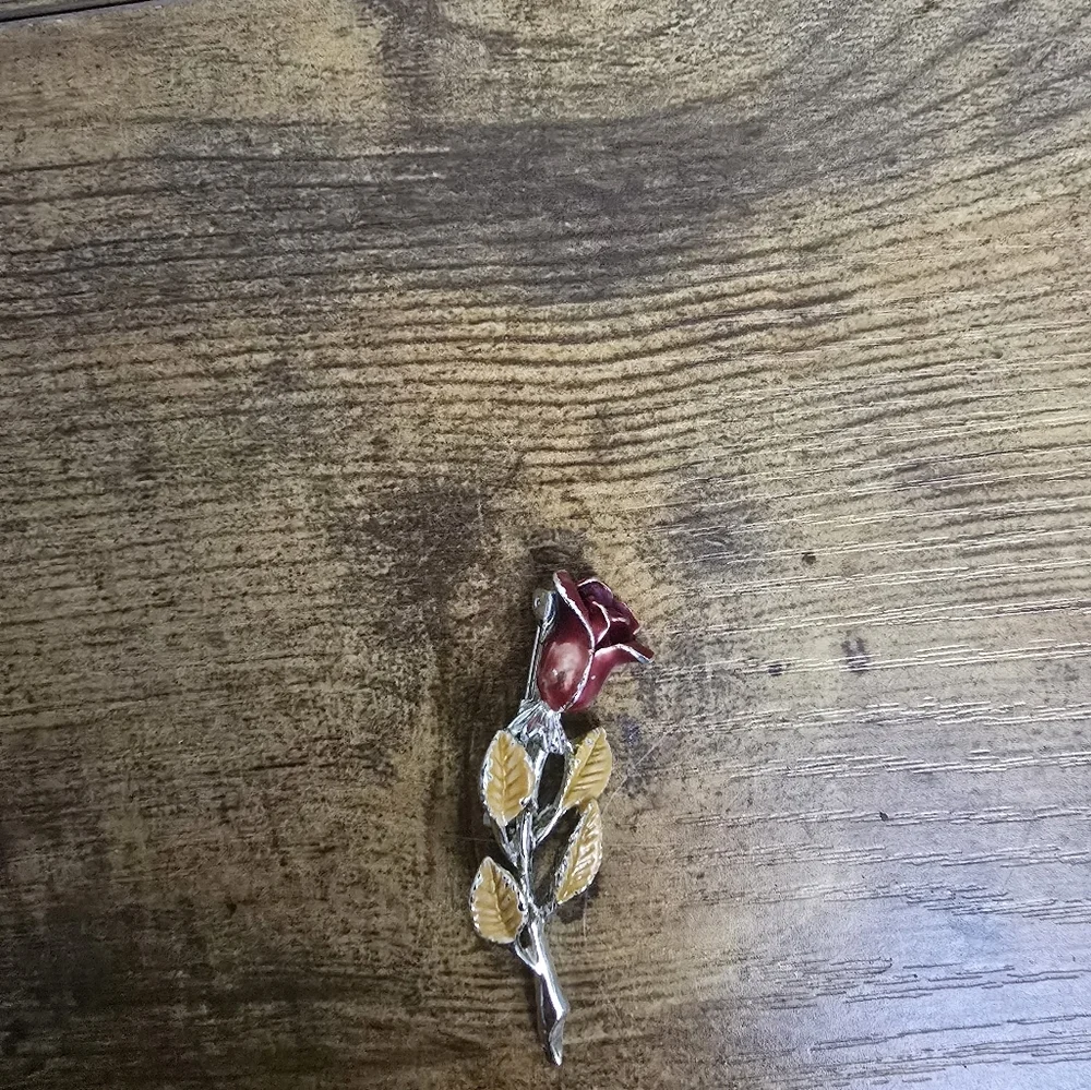 Red Rose Brooch with Gold Leaves
